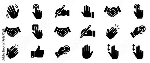 Hand gestures icon set featuring various human interactions and digital interface commands for user experience design.