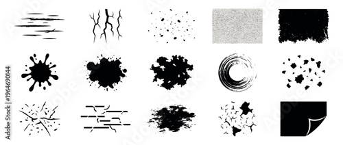 Collection of various grunge distress texture elements including ink splatters, cracks, scratches, and abstract patterns for graphic design.