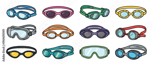 Colorful collection of various swimming goggles and diving masks for water sports and aquatic activities illustration.