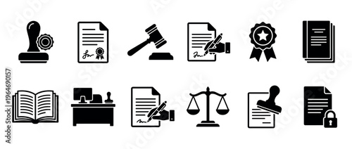 Law justice legal documents icons set representing official agreements, court proceedings, notary services, and secure contracts.
