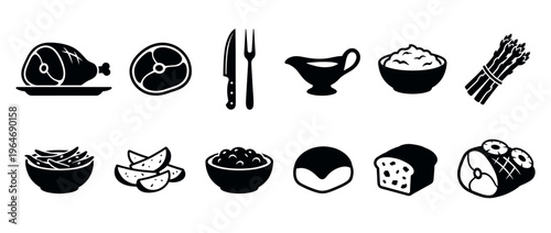 Collection of various food and meal icons, including meat, vegetables, bread, and condiments, representing a complete dinner.