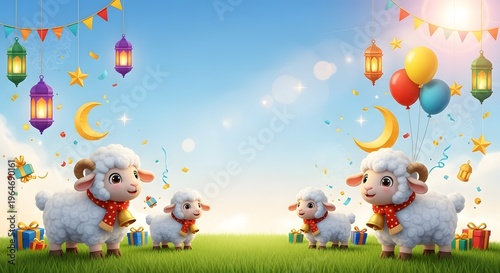 Festive cartoon sheep standing on green grass with lanterns