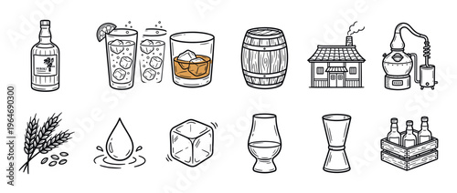 Whiskey production and consumption icons, including bottles, glasses, barrels, still, and ingredients, in a hand-drawn style.