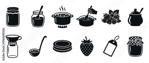 Jam making process icons set featuring various kitchen tools, fresh berries, and jars for homemade fruit preserves preparation.