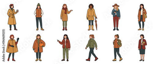 Diverse women characters wearing stylish autumn and winter fashion outfits, showcasing various seasonal clothing and accessories in a flat illustration style.