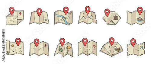 Collection of hand-drawn folded maps with red location pins, depicting various travel, navigation, and exploration scenarios as cartoon icons.