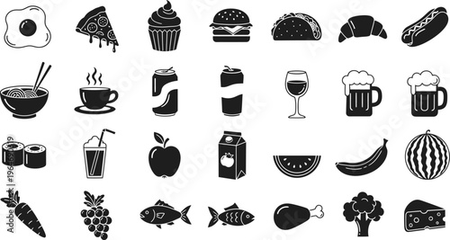 Assortment of monochrome food and beverage icons including meals, fruits, and drinks, fried egg