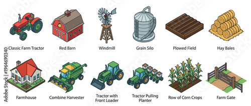 Farm elements collection featuring various agricultural machinery, buildings, and crops in a detailed isometric illustration style.