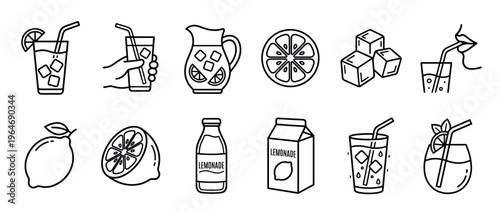 Lemonade drink icons, fresh citrus beverage elements, and refreshing summer refreshment symbols for graphic design and web projects.