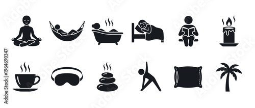 Relaxation wellness self-care icons collection featuring various symbols of peace, comfort, and healthy lifestyle activities.