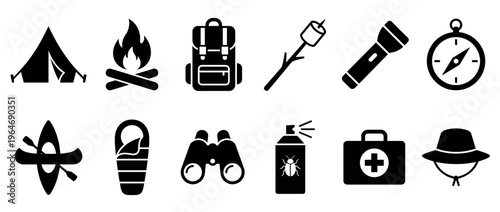 Camping equipment and outdoor adventure gear icons set for wilderness exploration, recreational activities, and nature travel.