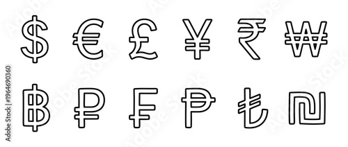Currency symbols collection of various international money signs representing global financial exchange and economic transactions.