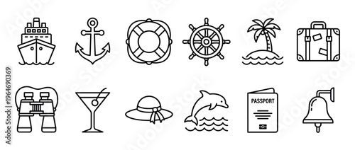 Cruise travel vacation icons collection set featuring various outline symbols representing sea voyages, holidays, and marine adventures.