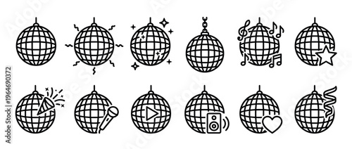 Disco balls icon set featuring various party and music-related symbols for celebration, entertainment, and nightlife events.