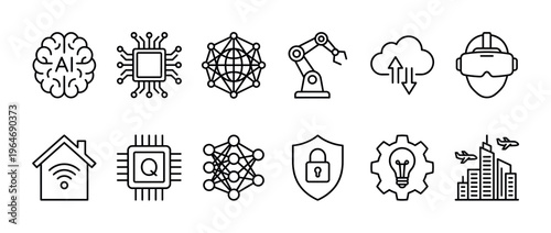 Collection of modern technology and artificial intelligence line icons representing innovation, smart systems, digital concepts, and future advancements.