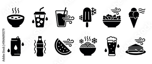 Food and drink icons representing various hot and cold beverages and meals, perfect for menus, apps, and web design.