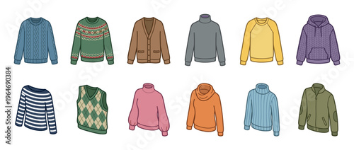 Collection of various sweaters, cardigans, hoodies, and vests in different styles and colors, perfect for cold weather fashion.