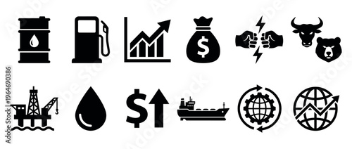 Oil, gas, and energy market icons representing global finance, industry, and economic trends.