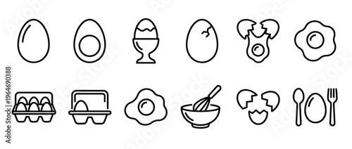 Eggs cooking preparation and serving line art icon set for breakfast food and culinary concepts.