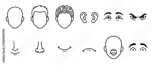 Cartoon faces and facial features vector illustration set for character design and emotion expression, featuring various head shapes and expressions.
