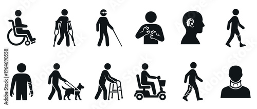Collection of disability icons and accessibility symbols depicting people using various assistive devices and support tools.