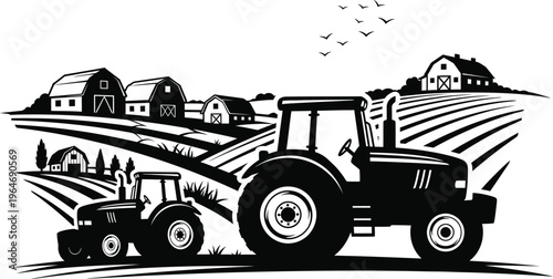 Monochrome farm landscape with tractors, barns, and cultivated fields in rural setting, country life