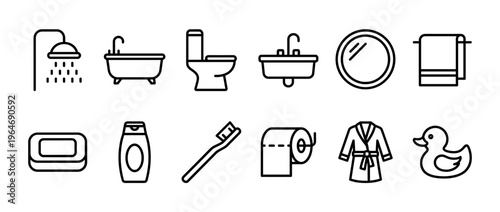 Bathroom items, hygiene products, and personal care accessories represented as a collection of simple outline vector icons.