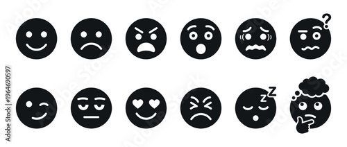 Emoji icons set of various facial expressions depicting a wide range of human feelings and moods in a simple graphic style.