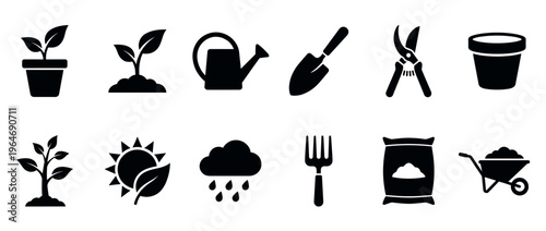 Gardening tools, plants, and nature elements vector icon set for horticulture and agriculture concepts.