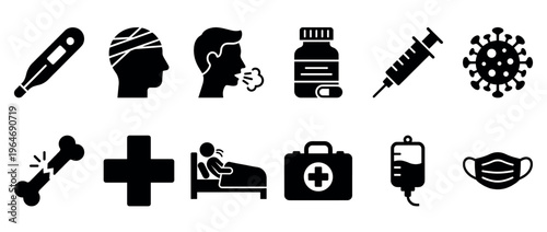 Medical icons set illustrating various health conditions, treatments, and healthcare essentials for digital design and informational graphics.