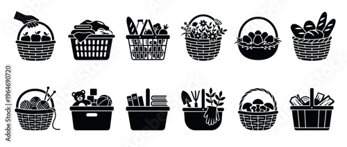 Basket icons collection featuring various contents like apples, laundry, groceries, flowers, eggs, bread, yarn, toys, books, gardening tools, and firewood.