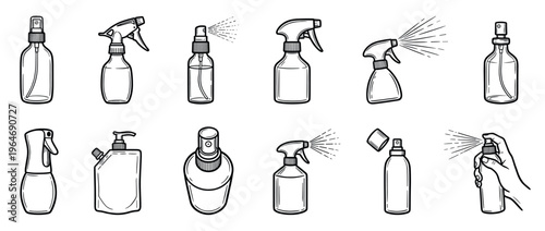 Collection of various spray bottles and liquid dispensers in a clean line art illustration style, suitable for cleaning, beauty, and gardening products.