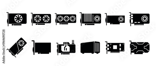 Set of black silhouette graphics card icons illustrating various computer hardware components for digital design.