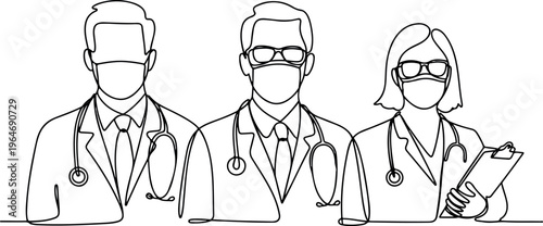 Continuous line drawing of medical team wearing protective face masks and glasses holding medical clipboard.