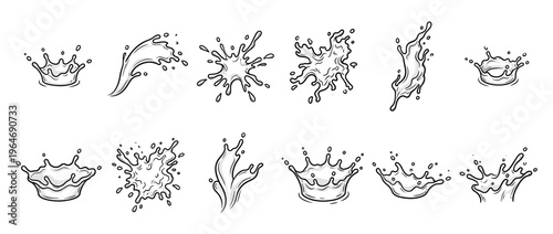 Hand drawn liquid splashes and crown effects collection with various dynamic water and milk elements in a doodle style.
