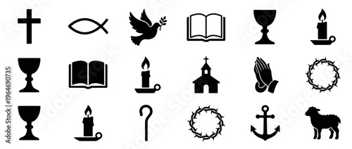 Christian symbols collection, religious icons, spiritual emblems representing faith and worship in a set.