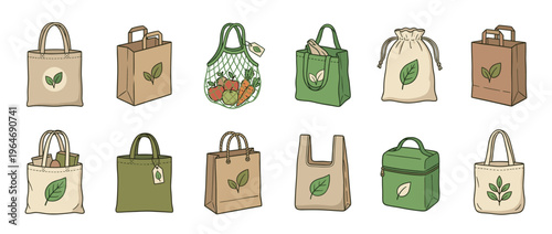 Eco-friendly bags collection featuring various reusable shopping totes, paper bags, and mesh produce bags with green leaf designs for sustainable living.
