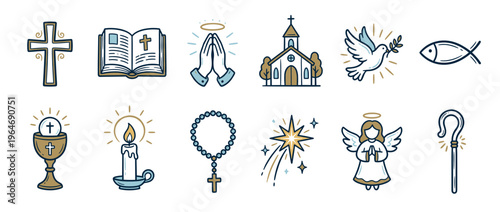 Hand-drawn set of Christian religious symbols, including a cross, bible, praying hands, church, and dove.