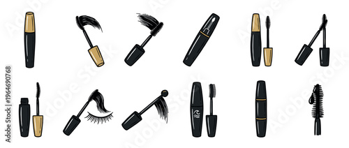 Mascara makeup cosmetics beauty product eye illustrations set with various tubes and wands for enhancing eyelashes.
