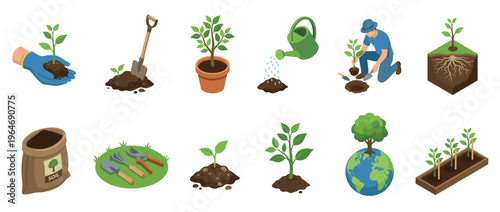 Isometric set of planting and gardening elements illustrating the growth process from seedling to mature plant and environmental care.