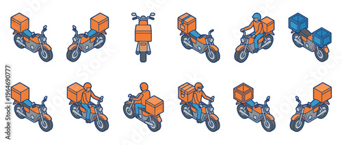 Isometric delivery motorcycles with riders and boxes illustrating various aspects of modern food and package delivery services.