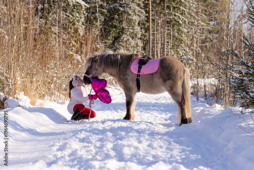 Happy Valentine's Day horse and rider with pink heart shaped shiny balloons.
