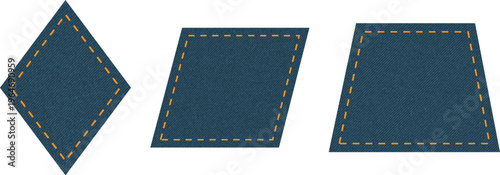Set of blue denim patches rhombus parallelogram trapezoid. Different shapes with place for your text isolated.