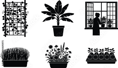 Black silhouette illustration of gardening activities with plants, trellis, seedlings, potted flowers, and indoor window care for decorative, botanical, and horticultural design project