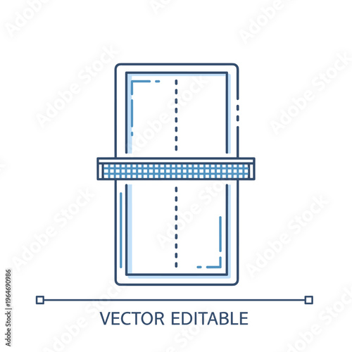 Minimalist table tennis court icon, blue line art ping pong table top view, professional sports equipment vector illustration for web design