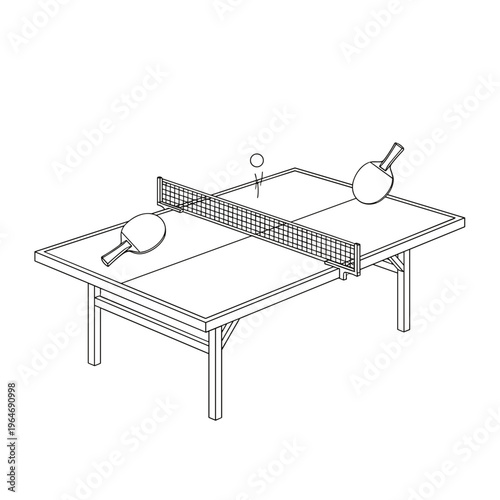 Minimalist table tennis line art vector, ping pong table with paddles and ball, professional indoor sports equipment illustration