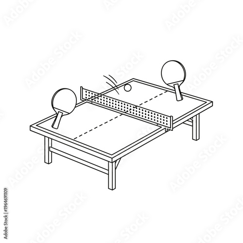 Minimalist table tennis vector illustration, ping pong table with paddles and ball, black and white line art sport equipment for competition