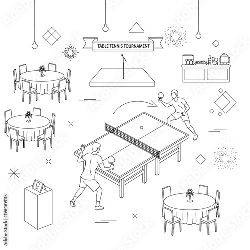 Table tennis tournament event illustration, ping pong competition in banquet hall, minimalist line art vector of indoor sports gala and celebration