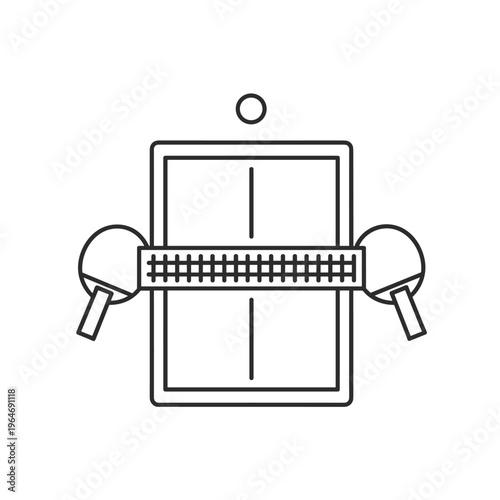 Minimalist table tennis line icon, ping pong table with net and rackets vector, simple sports equipment illustration for web and app design
