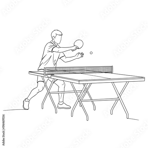 Minimalist line art of man playing table tennis, professional ping pong player hitting ball, continuous line style sports vector illustration